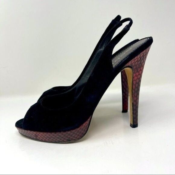 Bebe platform sling back heels black suede red snake skin stiletto 9B BoxD - Picture 9 of 9